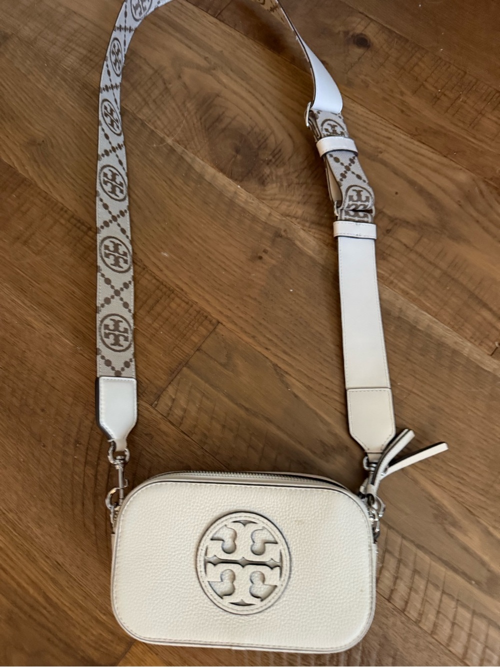 Tory Burch Ivory Pebbled Leather Crossbody Camera Bag with Logo Strap